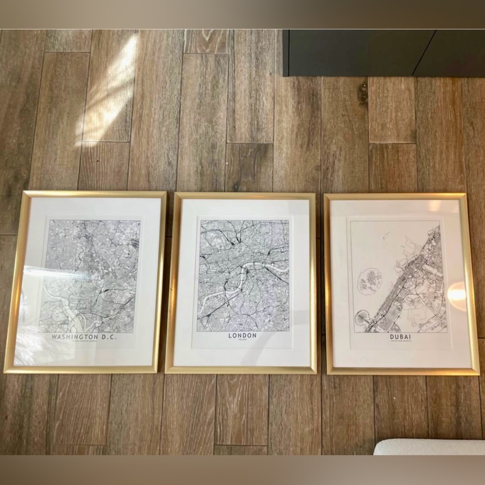 Wall Art Set of 3 Travel Art Map Photos in Gold Frames